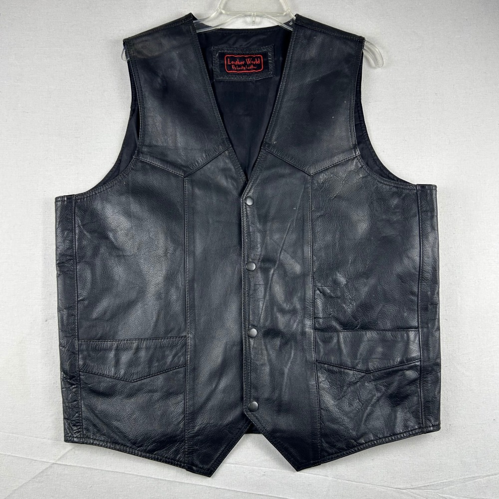 Leather World by Lucky Leather Mens Black Biker Vest Genuine Leather Size 44-46